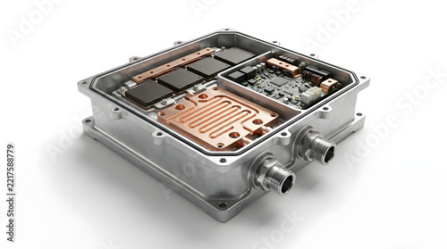 Compact EV thermal management module with copper cooling channels, electronic components, and aluminum housing for electric powertrain systems