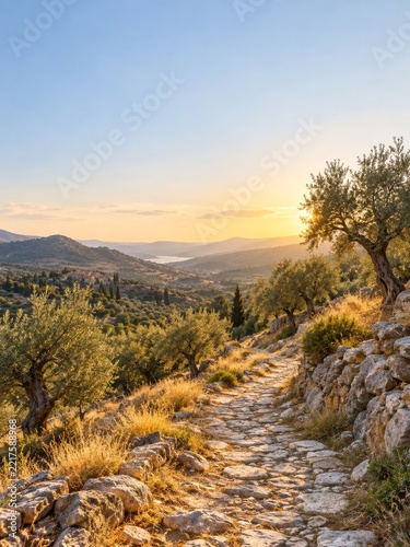 Stone Hiking Path through Olive Trees and Golden Hills at Sunset