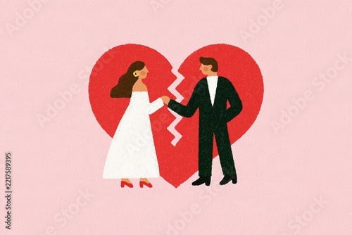 Wedding couple holding a broken red heart on pink background