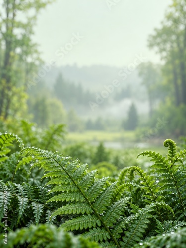 Dew Beaded Fern Fronds beneath a Soft Pale Green Woodland Clearing