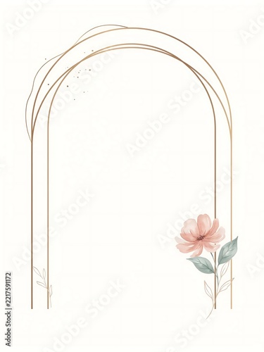 Elegant Watercolor Arch Frame with Soft Pink Blossom and Delicate Green Leaves in
