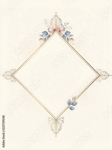 Elegant Watercolor Diamond Frame with Floral Accents and Delicate Gold Swirls on