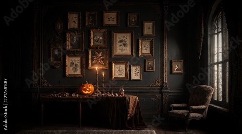 Spooky Halloween Interior with Glowing Pumpkin and Antique Paintings in Dark Room