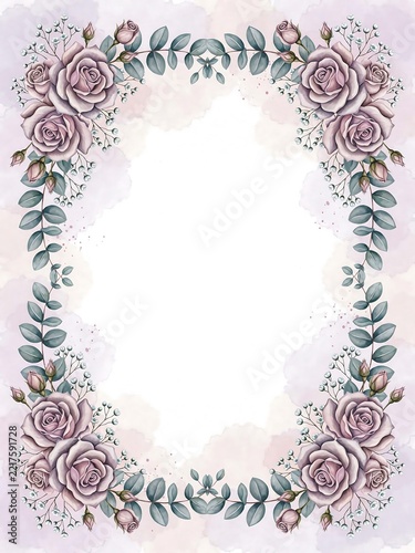 Elegant Watercolor Lavender Roses and Eucalyptus Floral Border Artwork with Soft