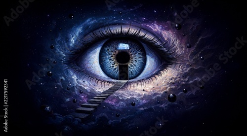 Surreal Human Eye with Doorway and Stairs in Cosmic Galaxy Nebula Space Background