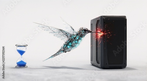 Cybernetic Hummingbird Bird Feeding from Electrician Box with Hourglass and Sparks