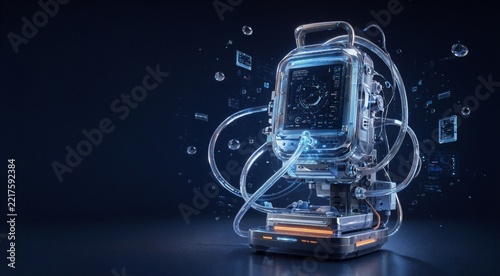 Futuristic Cybernetic Robot with Glowing Blue Lights and Circuitry Details on Dark Background
