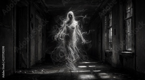 Ghostly Spirit Apparition in Abandoned Haunted Asylum Hallway