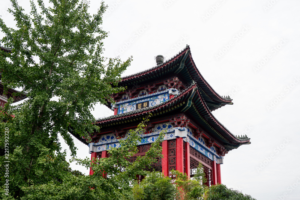 Fototapeta premium Traditional Chinese pavilion with ornate blue-and-white tilework and red columns, partially framed by lush green ginkgo trees under overcast sky