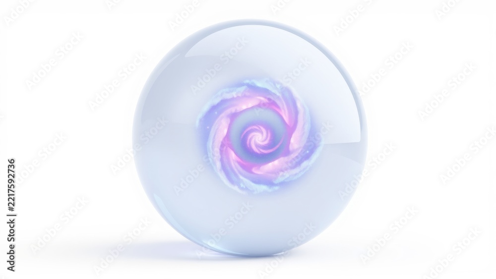 Fototapeta premium Glass sphere contains swirling pink, purple nebula. Bright light radiates from center, creating cosmic effect. Smooth surface reflects ambient illumination.