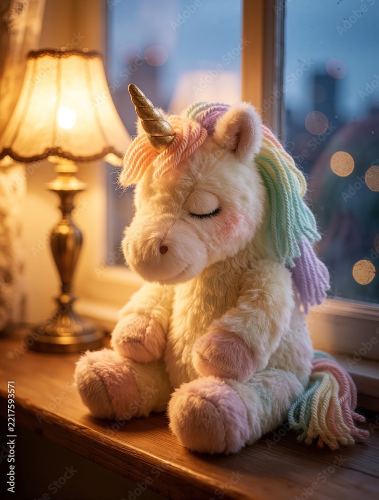 Naklejka premium Cute unicorn plush toy slepic on wooden windowsill near window. Soft stuffed animal sits by glowing lamp in cozy bedroom. Pastel rainbow mane, golden horn create magical fantasy vibe. Peaceful indoor