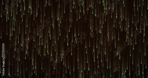 Japanese katakana characters fall in a dense code storm animation with a deep tunnel parallax effect.