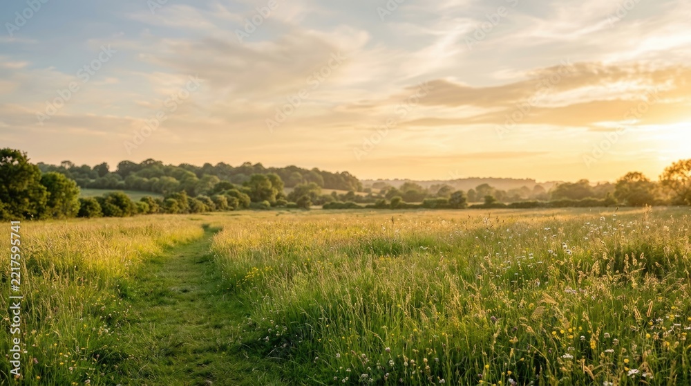 Obraz premium The sun rises over a vast, green meadow, illuminating a winding path through tall grasses and wildflowers. Rolling hills fade into the distance, creating a serene landscape.