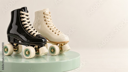 Porcelain Black and Ivory Quad Skates with Green Hubs and Gold Hardware