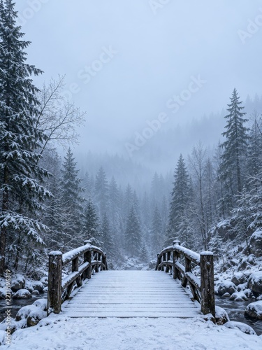 Empty Snow Covered Wooden Footbridge Leading into a Misty Winter Forest