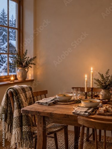 Candlelit Dining Table with Soup Bowls Prepared for a Cozy Winter Evening