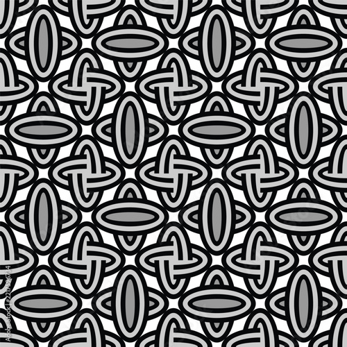 A monochrome seamless vector illustration featuring complex interlocking lines and geometric oval shapes.