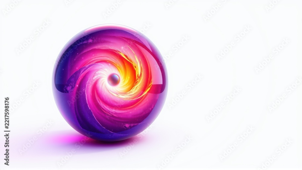 Fototapeta premium Vibrant sphere displays swirling galaxy patterns. Pink, purple, orange hues create cosmic effect. Smooth surface reflects light beautifully.