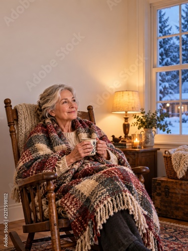 Older Woman Relaxing in a Rocking Chair with a Wool Blanket in Winter