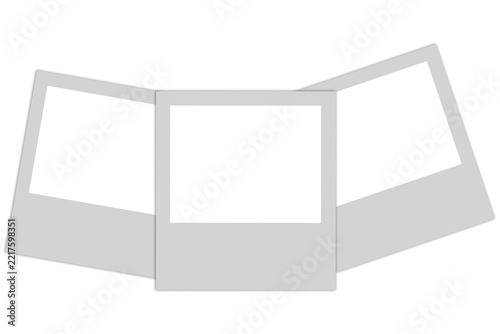 Three blank polaroid photo frames arranged in a fan shape isolated on transparent background