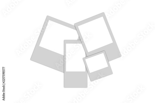 A collection of four blank instant photo frames arranged in a scattered pile, isolated on transparent background