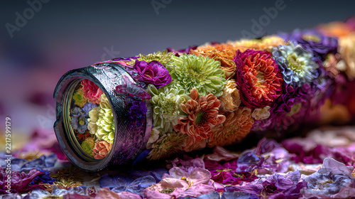 Kaleidoscope adorned with colorful dried flowers resting on a bed of loose purple and pink petals.