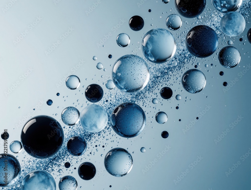 Fototapeta premium Abstract blue background with floating spheres, bubbles. Macro view of liquid particles, round shapes in water. Modern digital art design with dark, light blue tones. Scientific concept of cells