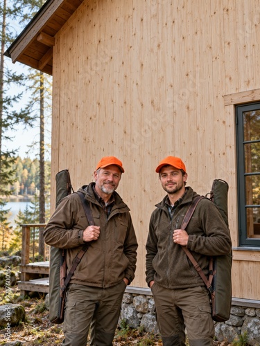 Two Men in Orange Caps with Closed Rifle Cases Beside a Woodland Cabin