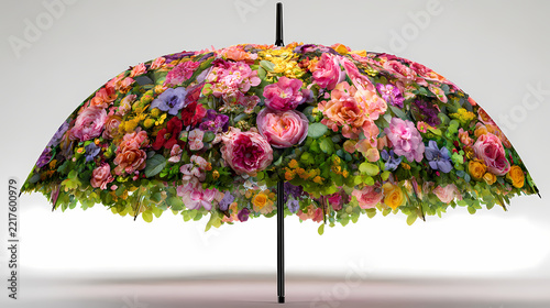 Umbrella covered in vibrant mixed spring flowers stands upright against a plain transparent studio background.