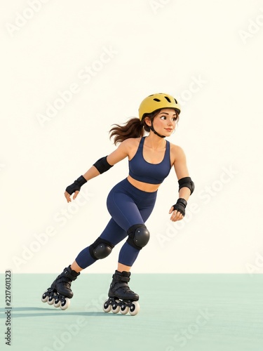 Stylized Woman Inline Skating in Navy Sportswear with a Yellow Helmet