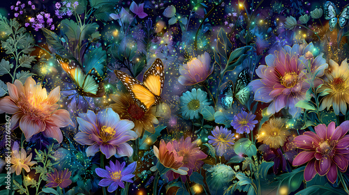 Luminescent wildflowers and yellow butterflies thrive in a mystical nocturnal botanical haven.