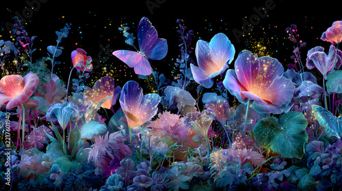 Butterflies flutter gently over glowing magical flowers in a dark mystical garden at night.