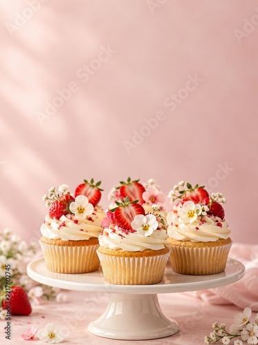 Wedding cupcakes with ivory frosting and fresh strawberries against a blush wall