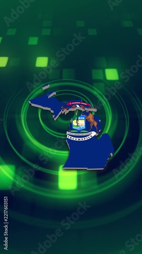 Michigan State (USA) Flag on its State Map, 3D Map Flag Opener, Suitable for Politics, Elections, July 4th, News and Sports Events and Memorial Day