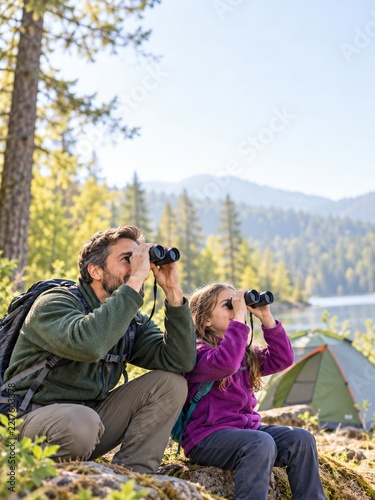 Father and school-age daughter observing birds with plain binoculars beside t...