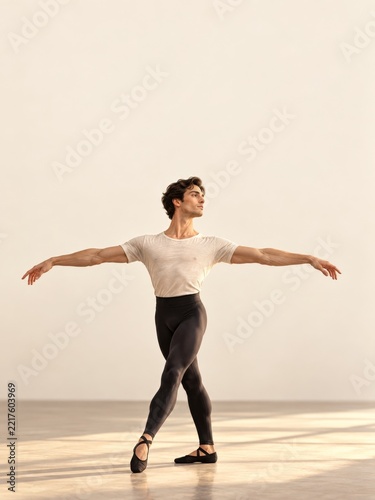 Male ballet dancer in an ivory shirt and black tights posing with open arms