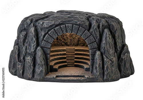 A dark stone cave entrance with stone steps leading down into a dimly lit interior, perfect for fantasy gaming and storytelling.
