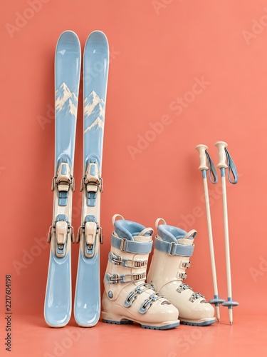 Glossy Blue Ceramic Skis with Ivory Boots and Poles on Coral Backdrop