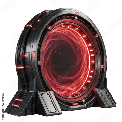 Futuristic sci-fi portal with red glowing energy vortex on transparent background, for technology and portal concept.