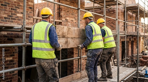 Construction workers in yellow hard hats and safety vests lifting heavy wooden beam on scaffolding at building site for teamwork and industrial development concept