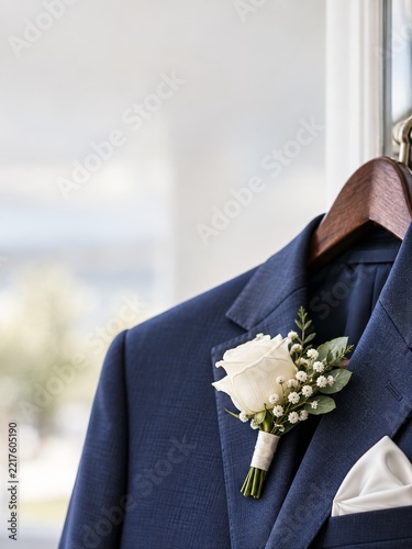 White rose boutonniere on a navy wedding jacket hanging beside a bright window