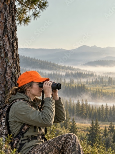 Woman Using Binoculars Beside a Pine Trunk Above a Misty Mountain Forest