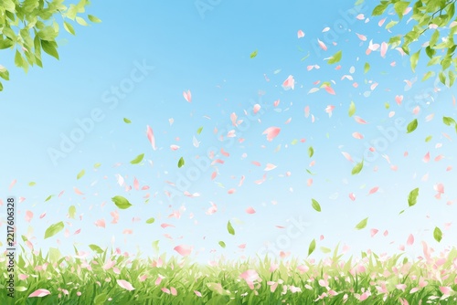 Garden scene with petals and leaves swirling in light breeze