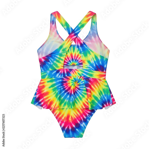Colorful tie-dye one-piece swimsuit for girls with criss-cross back and ruffled skirt, perfect for summer vacation and beachwear fashion.