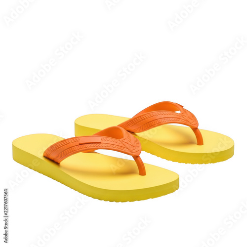 Pair of yellow flip-flops with orange straps, ideal for beachwear and summer vacations, perfect for casual and comfortable footwear.
