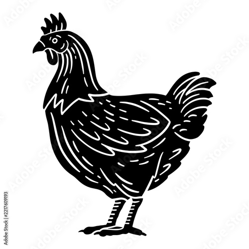 Chicken standing in side view with detailed feathers, comb and tail. Black and white engraving illustration suitable for farm, poultry, food packaging and rustic designs.