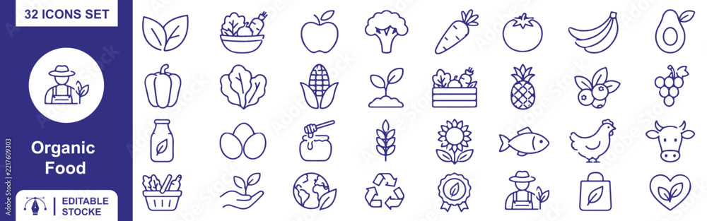 Naklejka premium Organic Food Icons Set – 32 Editable Stroke Healthy, Natural and Fresh Food Icons