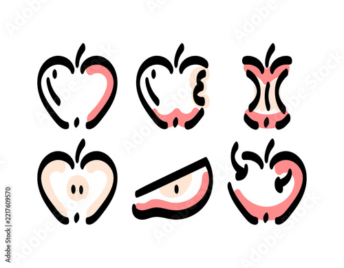 hand drawn vector illustration set of apples in various stages, whole apples, bitten apples, apple cores, slices, and apples with worms. line art style, doodle. symbols, icons, clipart, design element