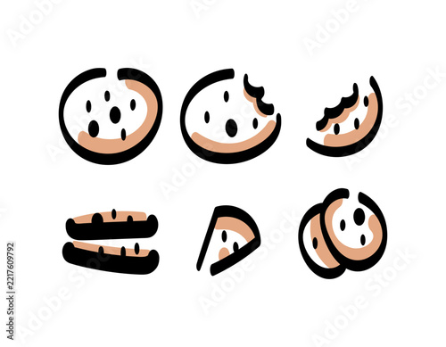 hand drawn vector illustration set of chocolate chip cookies, bitten cookies, and cookie pieces. snacks and sweet treats, collection. line art, doodle style. symbols, icons, clipart, design elements