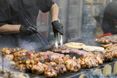 Grilled Meat and Flatbread on Street Food Barbecue